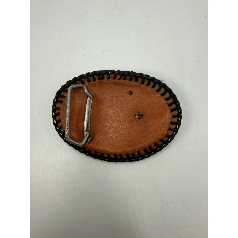 Vintage Hand Painted Leather Bird Belt Buckle Western Boho Braided Whipstitch